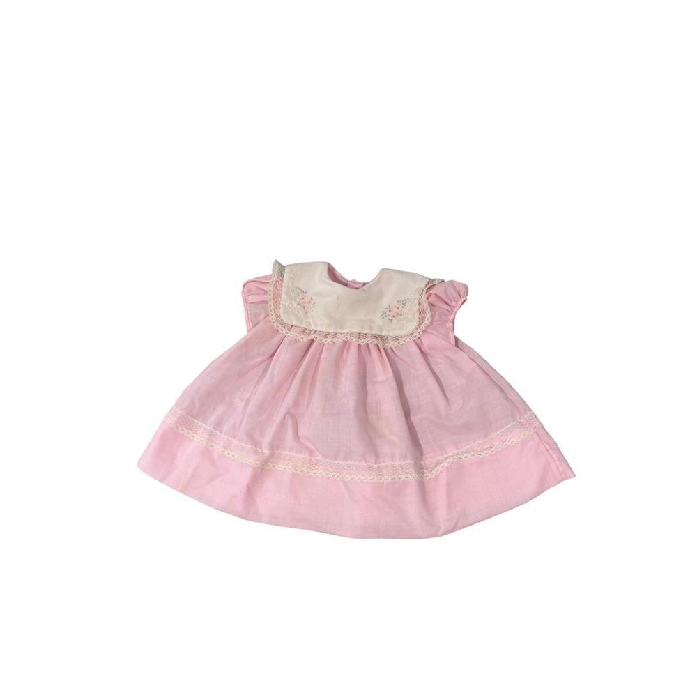 VTG Pink Baby Dress Floral Embroidered Lace Trim Bib Collar Handmade 2T ?